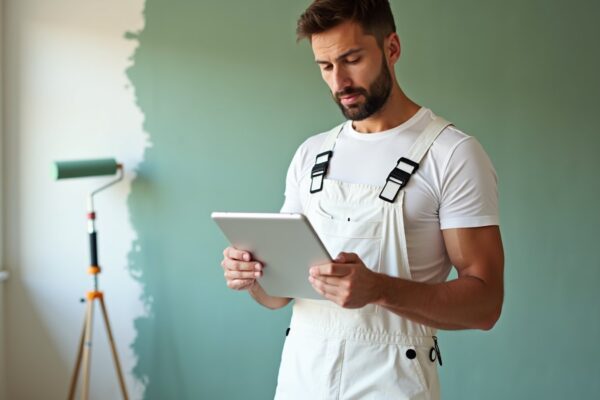 Painter holding a tablet inside a partially painted modern living room