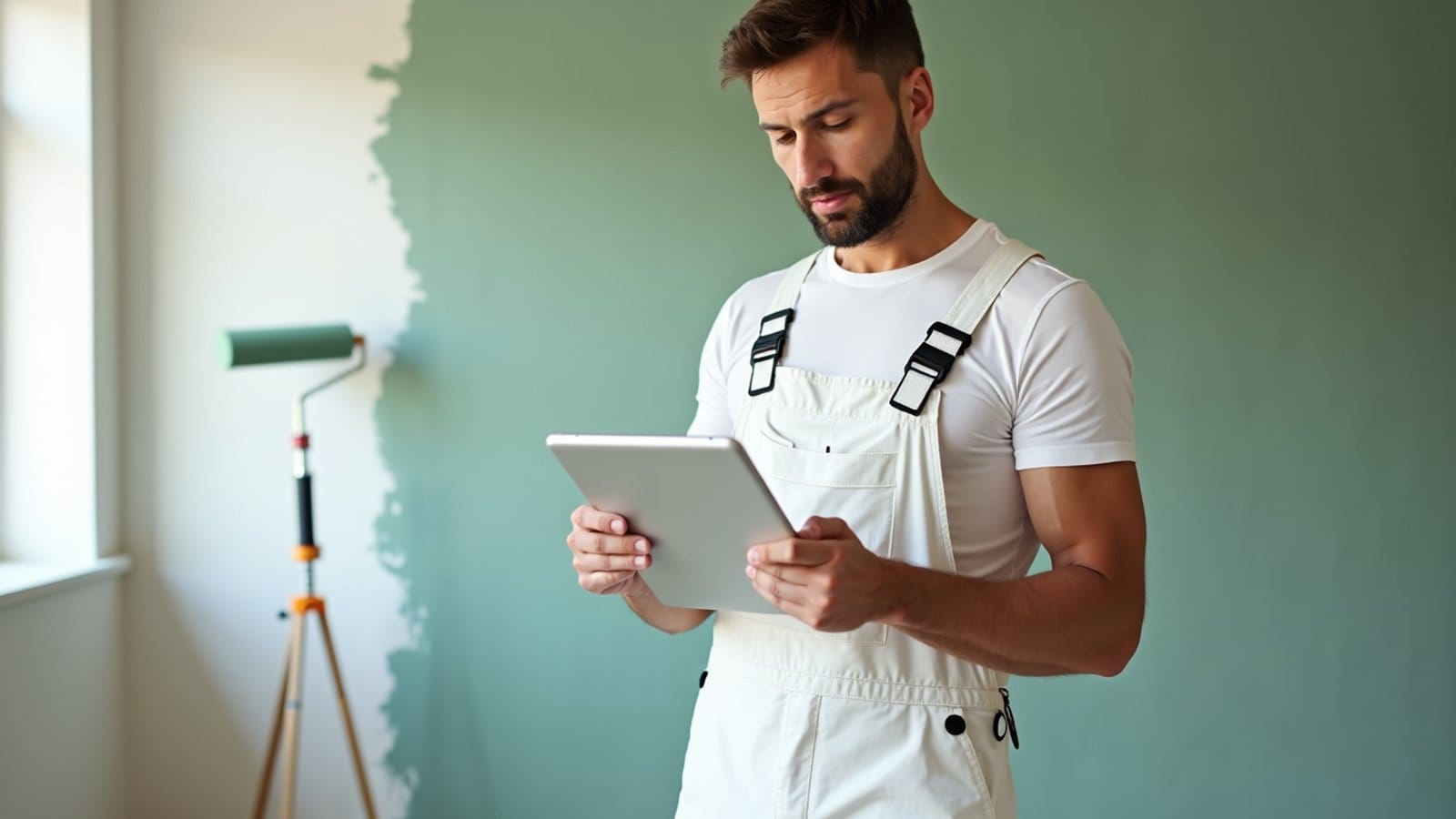 Painter holding a tablet inside a partially painted modern living room