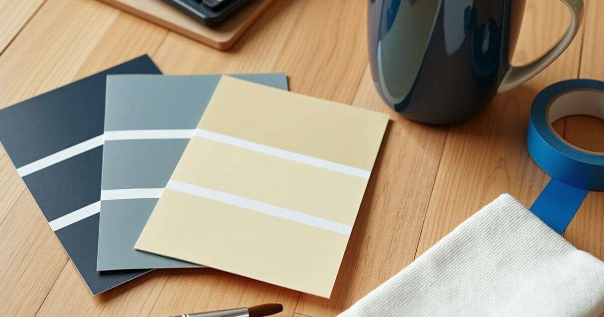 Painting estimate template flat lay with swatches, calculator and painter tape