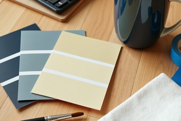Painting estimate template flat lay with swatches, calculator and painter tape