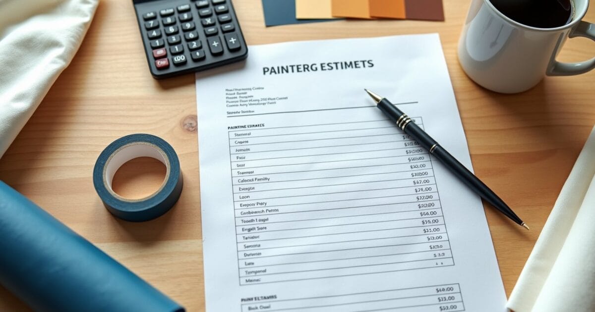 Flat lay of a printed painting estimate, calculator, paint swatches and coffee mug