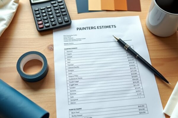 Flat lay of a printed painting estimate, calculator, paint swatches and coffee mug