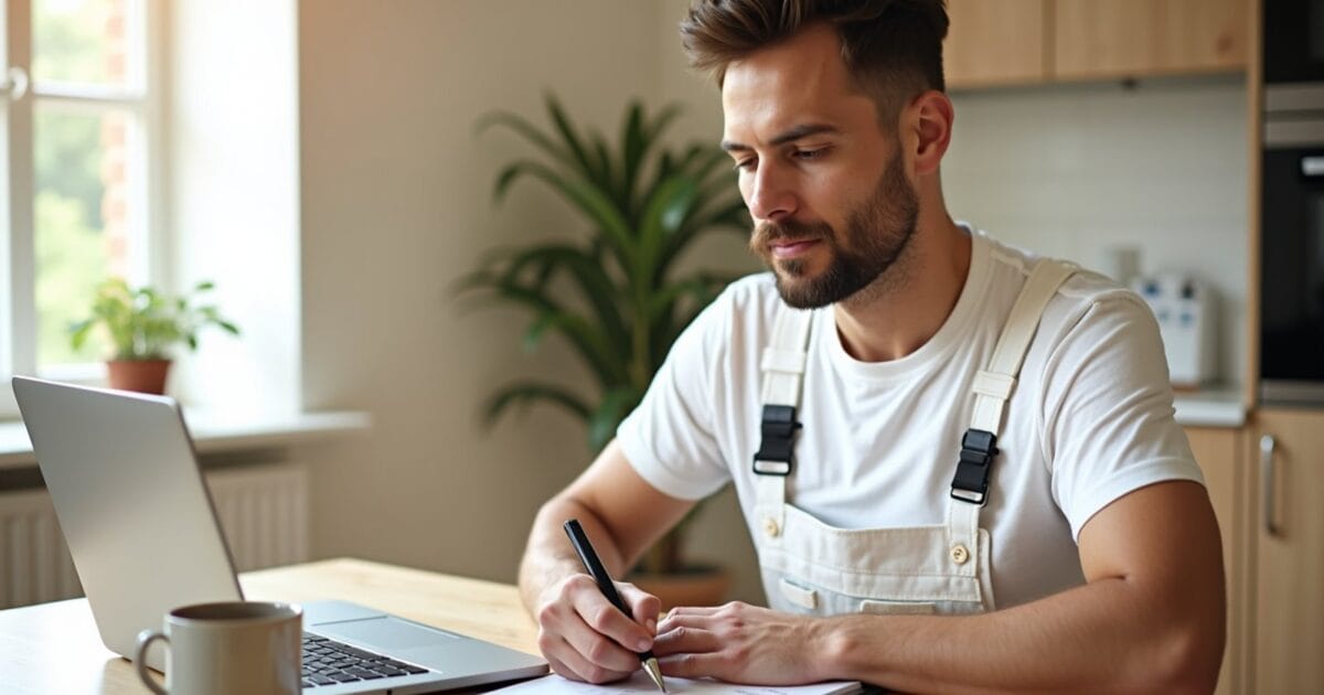 Professional painter writing a painting estimate on a clipboard at a kitchen table