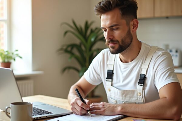 Professional painter writing a painting estimate on a clipboard at a kitchen table