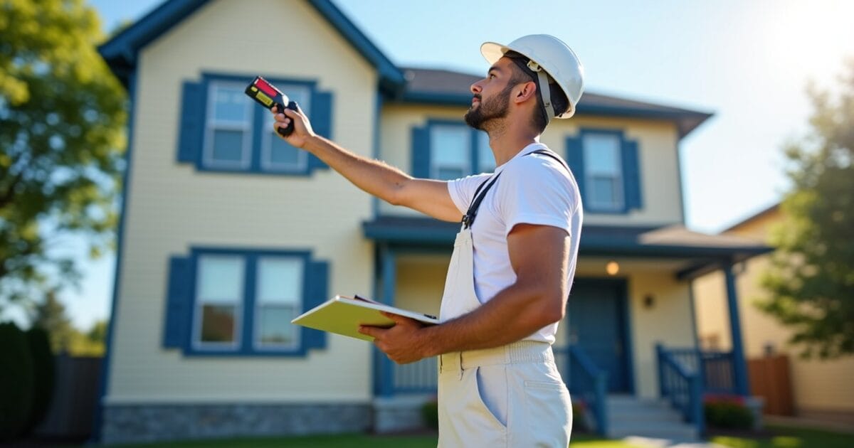 Painter in white overalls measuring exterior of two-story suburban home