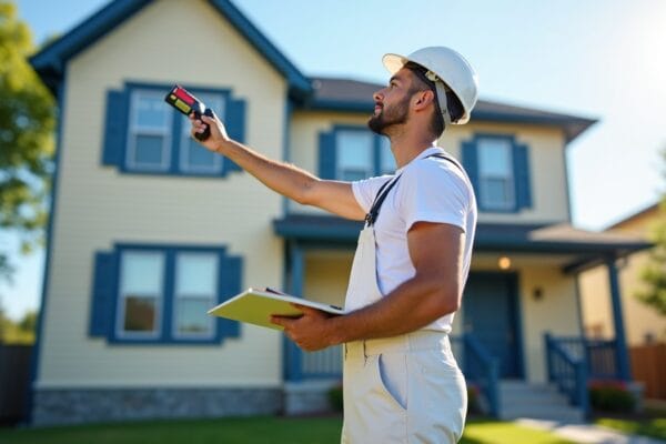 Painter in white overalls measuring exterior of two-story suburban home