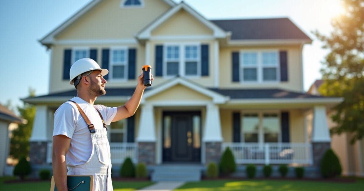 Painter measuring the facade of a two-story suburban home with a laser tool