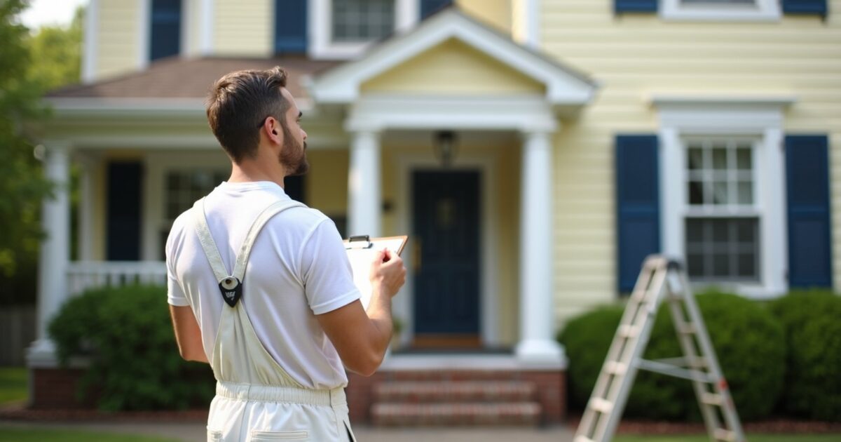 Painter in white overalls writing on clipboard in front of suburban home