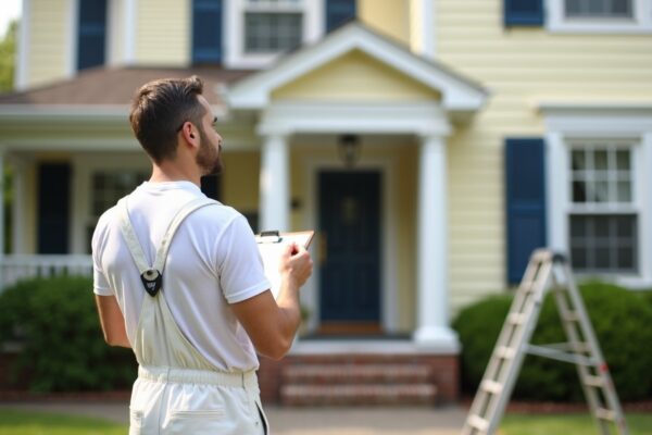 Painter in white overalls writing on clipboard in front of suburban home