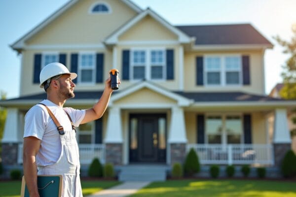 Painter measuring the facade of a two-story suburban home with a laser tool