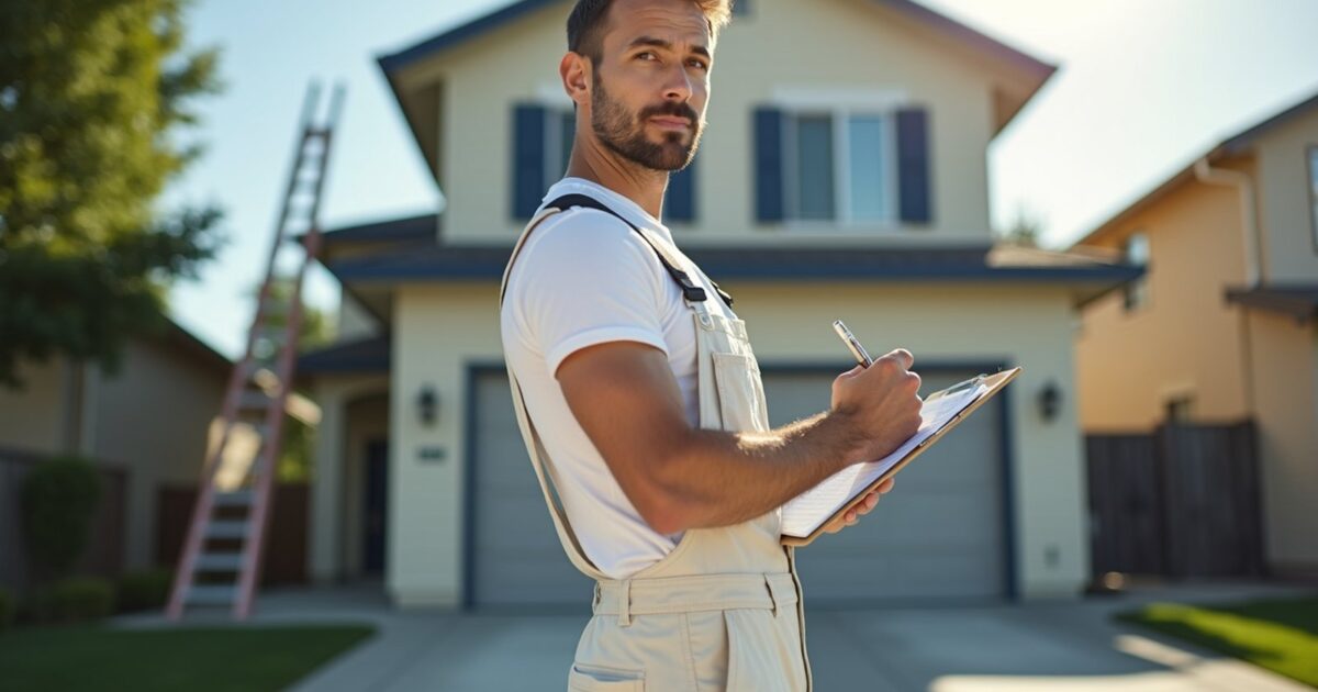 Painter sketching measurements on a clipboard in front of a two-story home
