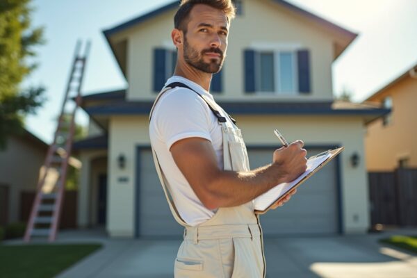 Painter sketching measurements on a clipboard in front of a two-story home
