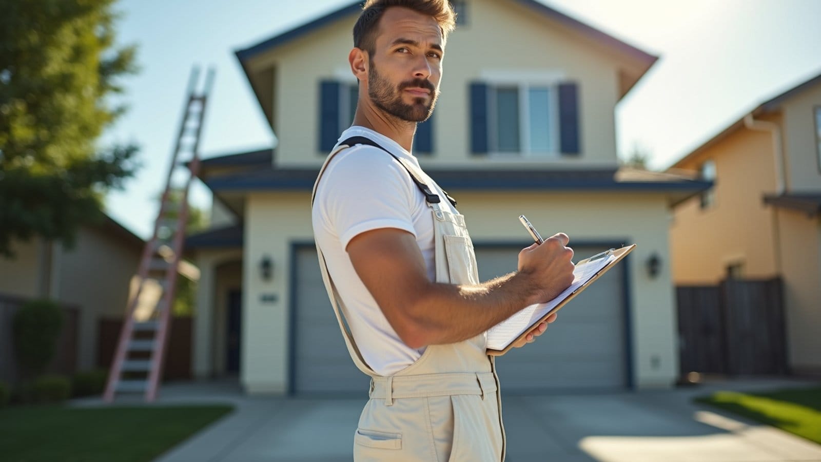 Painter sketching measurements on a clipboard in front of a two-story home