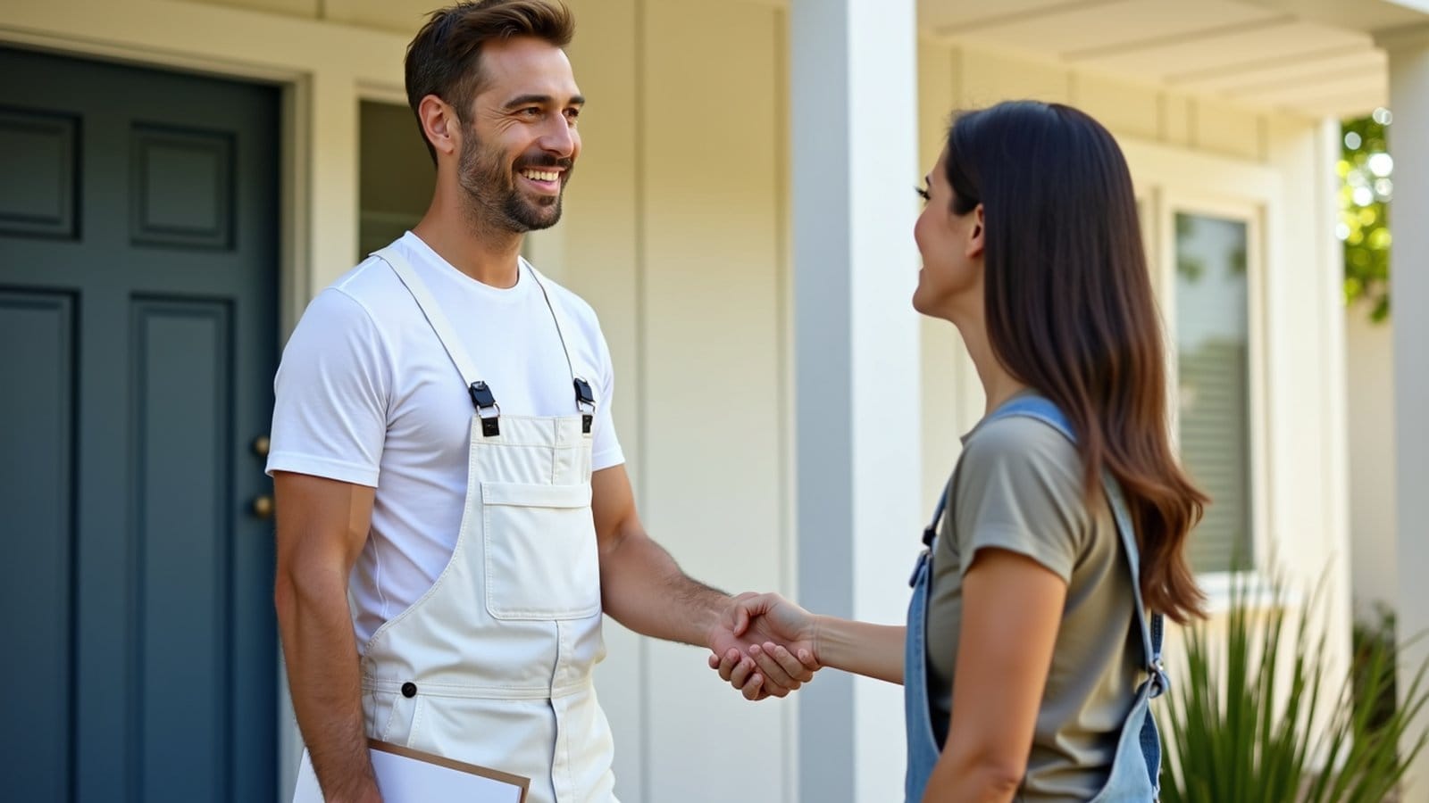 Painter shaking hands with a homeowner couple on a suburban front porch