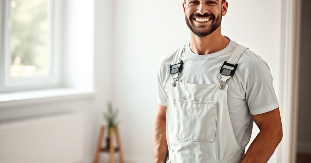 A happy professional painter smiling in a freshly painted interior