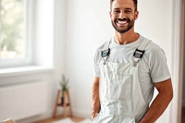 A happy professional painter smiling in a freshly painted interior
