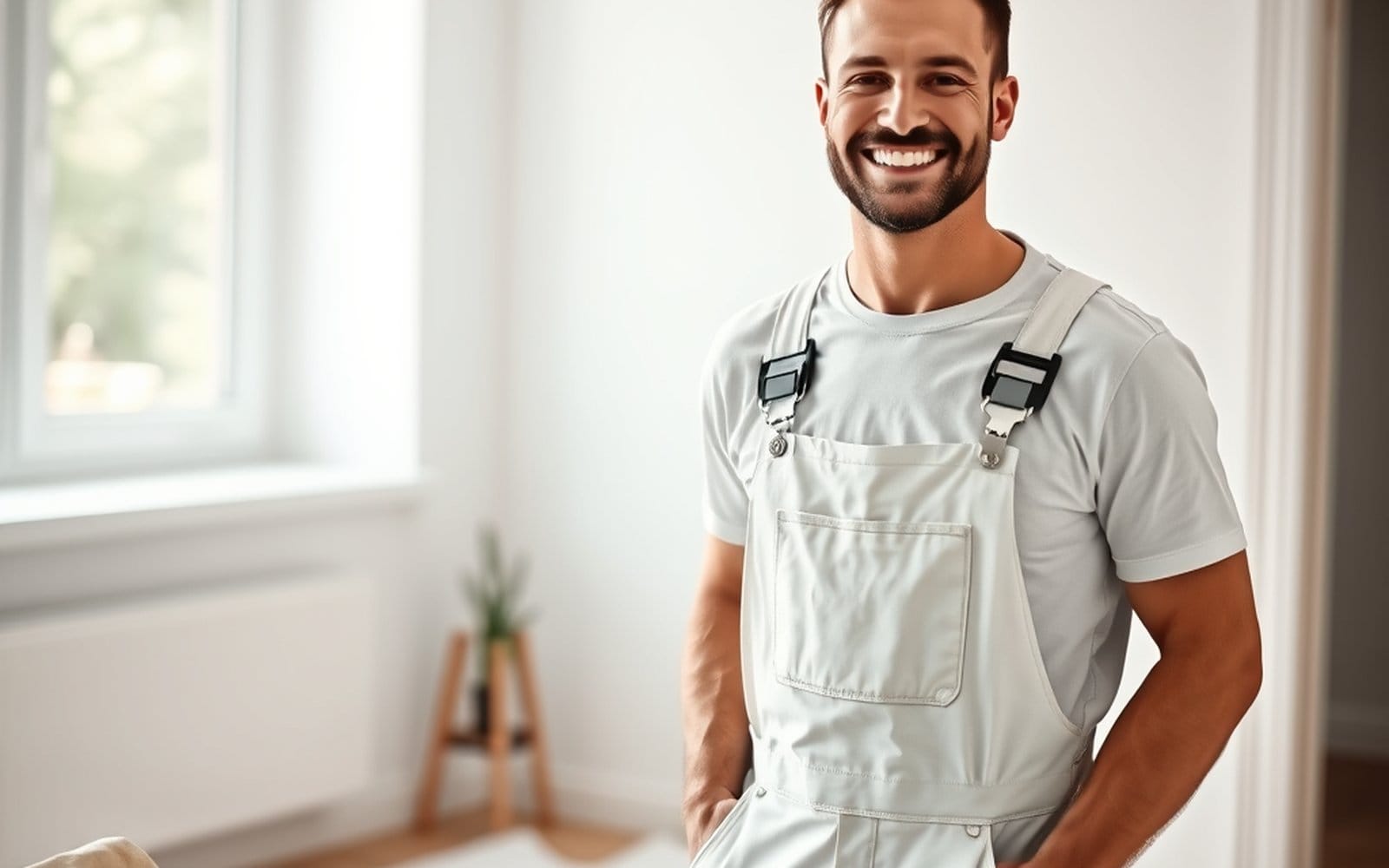 A happy professional painter smiling in a freshly painted interior