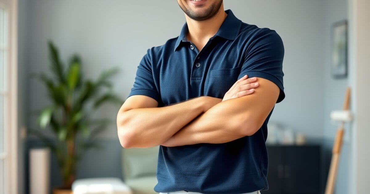 Confident professional painter smiling with arms crossed in a freshly painted room