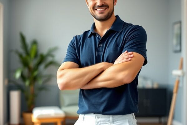 Confident professional painter smiling with arms crossed in a freshly painted room