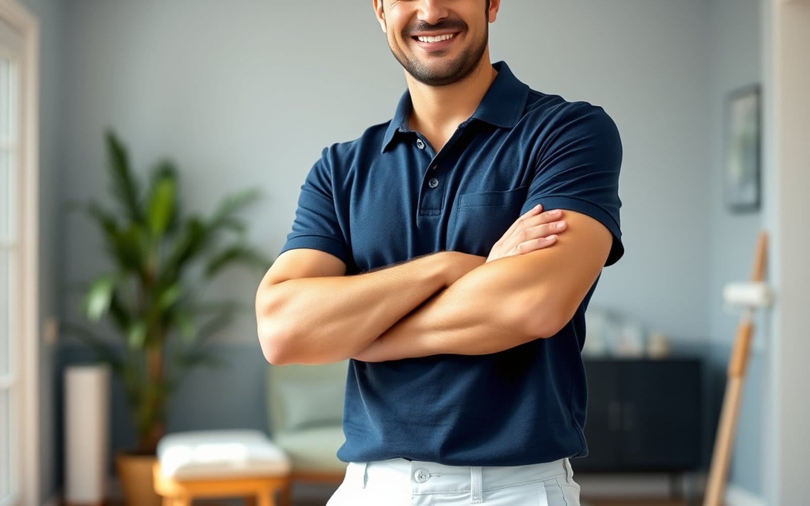 Confident professional painter smiling with arms crossed in a freshly painted room