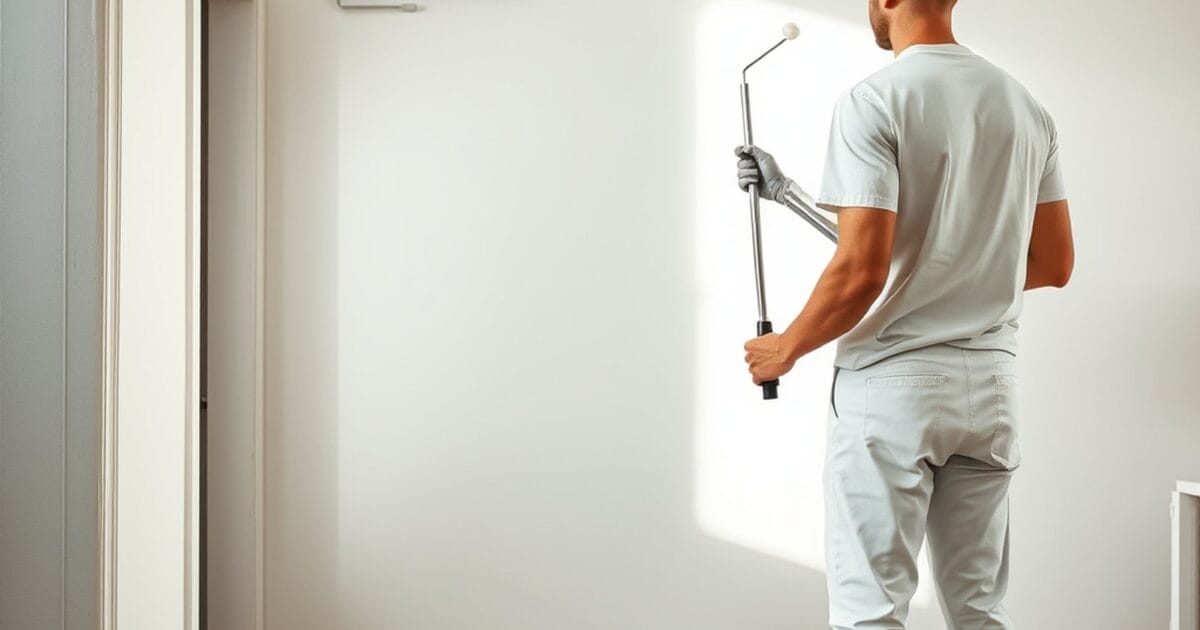 Professional painter rolling fresh paint on an interior wall