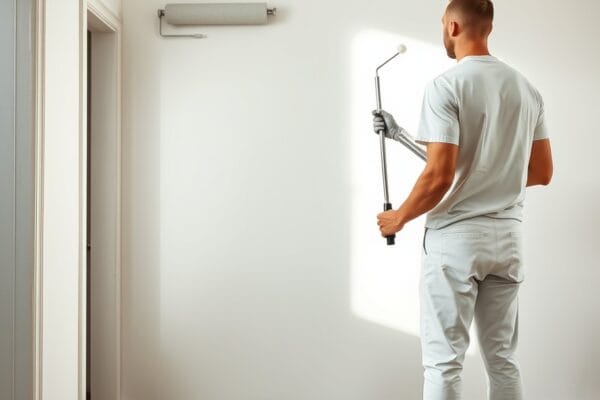 Professional painter rolling fresh paint on an interior wall