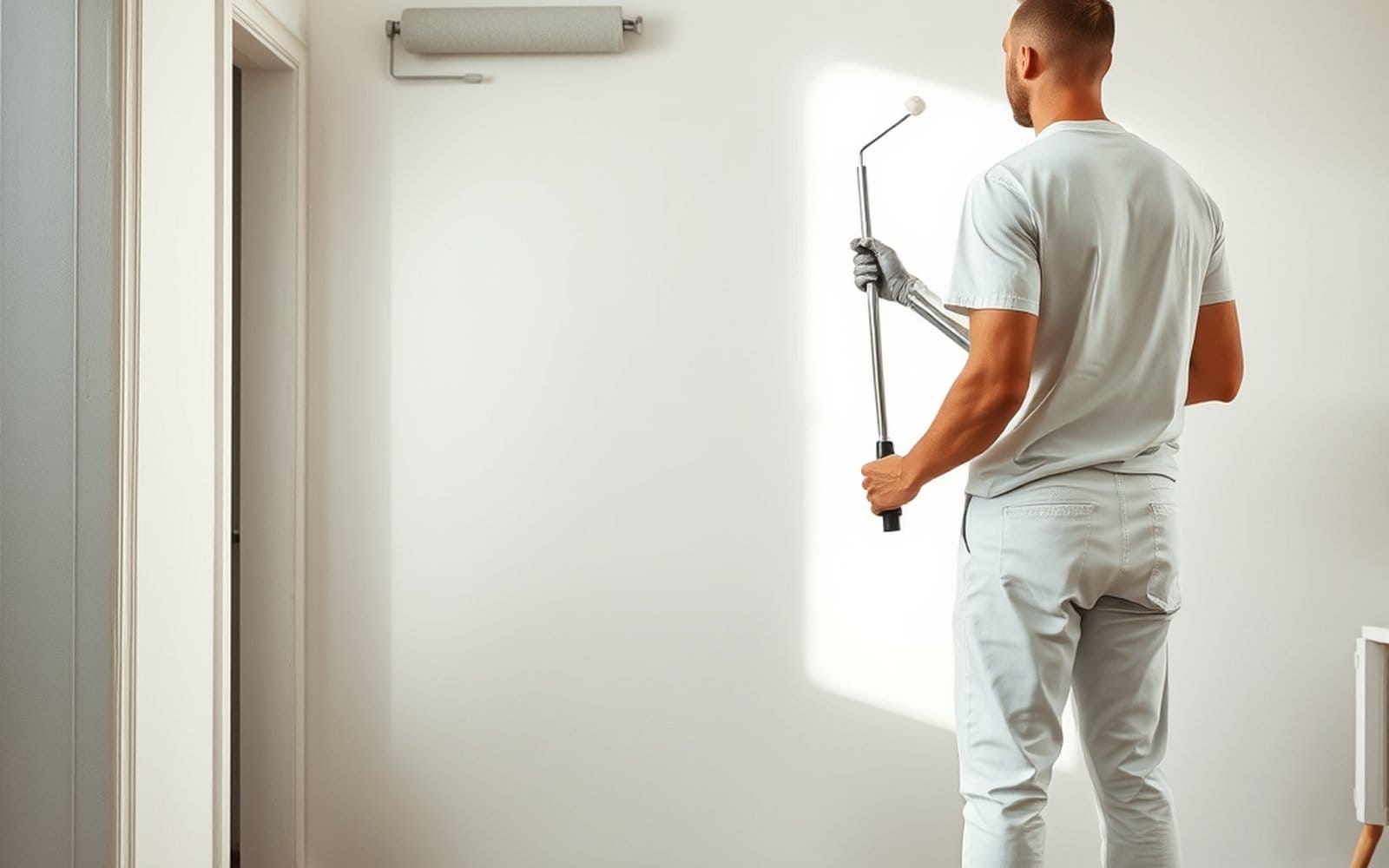 Professional painter rolling fresh paint on an interior wall