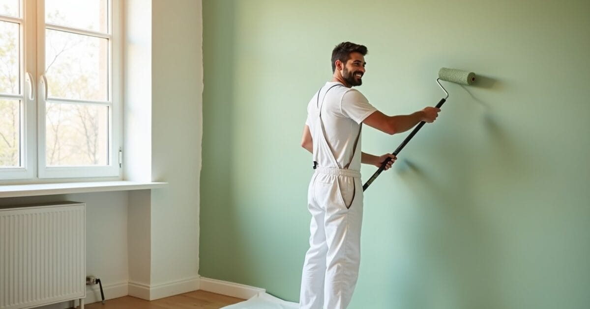 Happy professional painter smiling while rolling sage paint onto an interior wall
