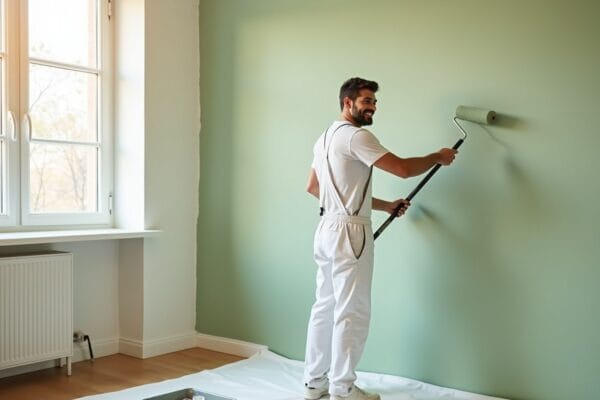 Happy professional painter smiling while rolling sage paint onto an interior wall