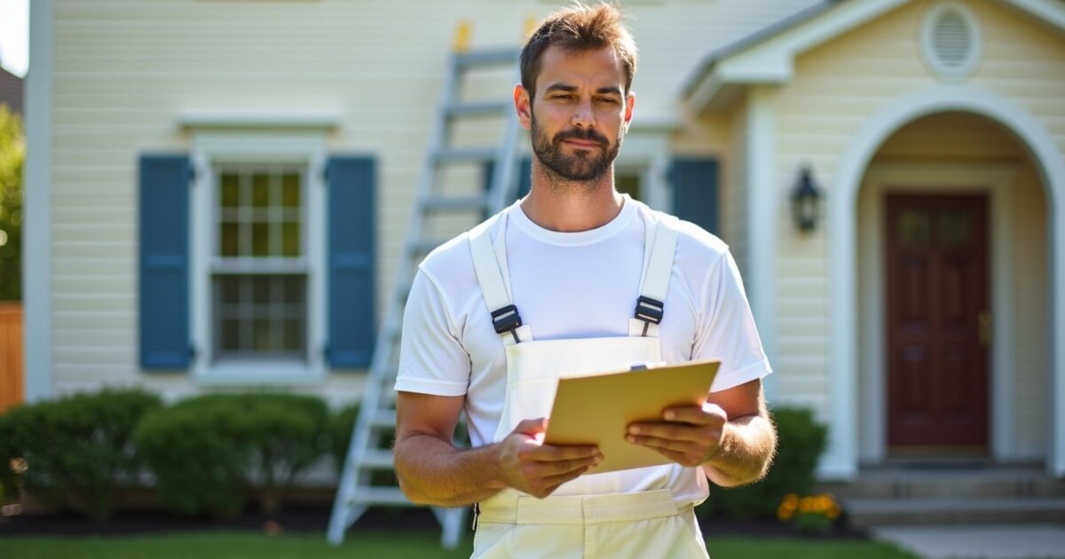 Painter reviewing a house painting estimate clipboard in front of a two-story suburban home