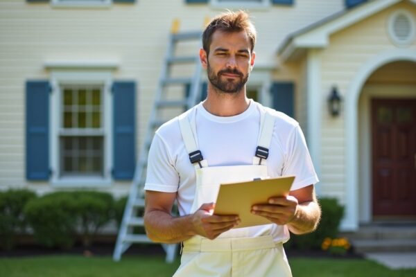 Painter reviewing a house painting estimate clipboard in front of a two-story suburban home