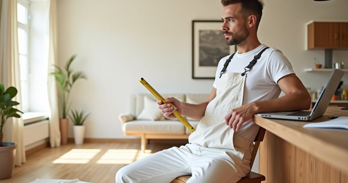 Painter using a laser measure inside a modern living room to estimate an interior paint job