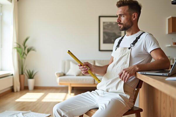 Painter using a laser measure inside a modern living room to estimate an interior paint job