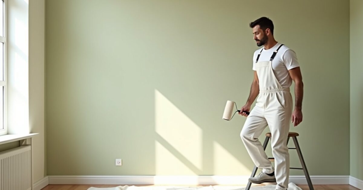 Freshly painted interior living room with a painter stepping down from a ladder