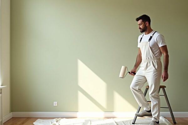 Freshly painted interior living room with a painter stepping down from a ladder
