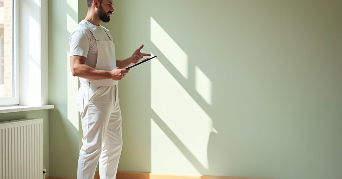 Painter reviewing an interior painting estimate clipboard in a freshly primed living room