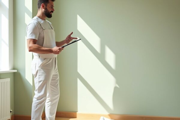 Painter reviewing an interior painting estimate clipboard in a freshly primed living room
