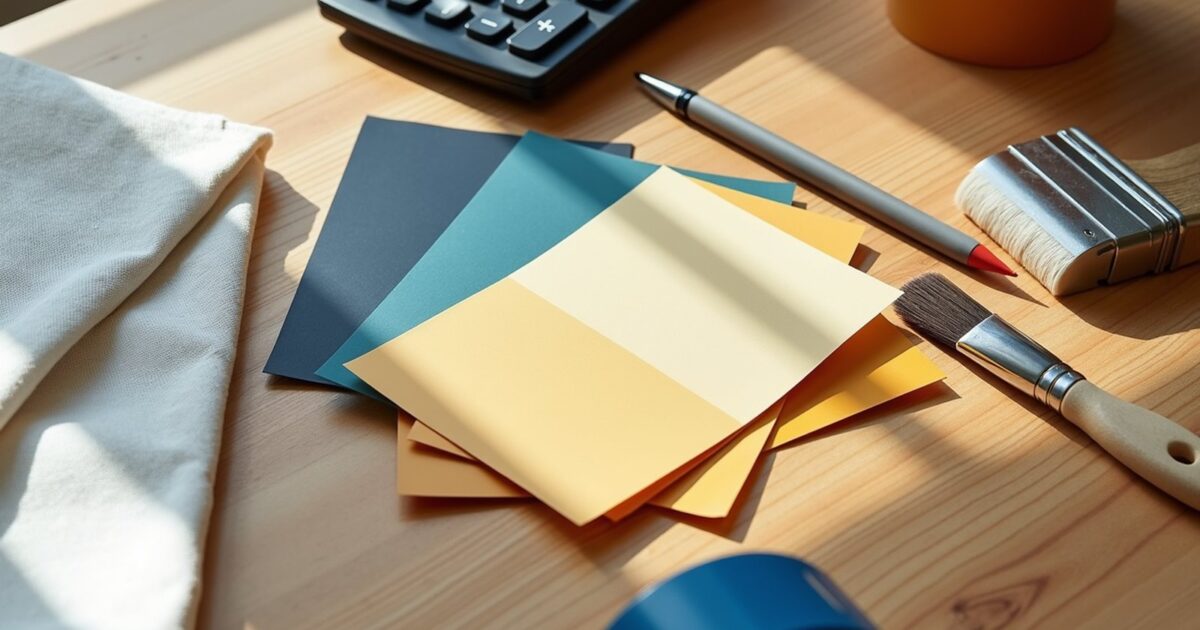Flat lay of paint color swatches, calculator, and painters tape on a wooden desk