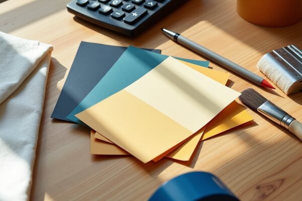 Flat lay of paint color swatches, calculator, and painters tape on a wooden desk