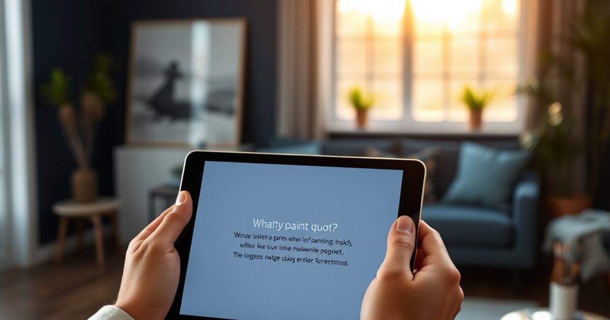 A painter holds a tablet showing a PaintPricing quote in a modern living room