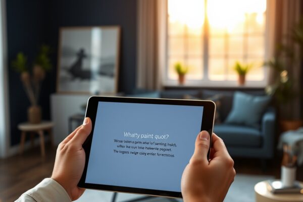 A painter holds a tablet showing a PaintPricing quote in a modern living room