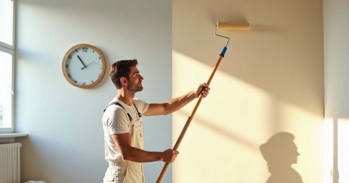 Painter rolling fresh paint onto an interior wall with a wall clock visible