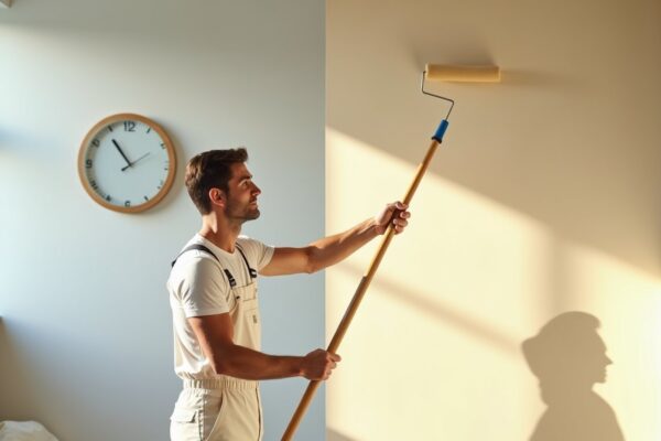 Painter rolling fresh paint onto an interior wall with a wall clock visible
