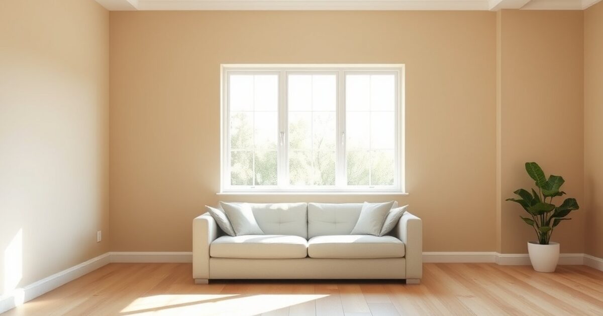 Freshly painted warm neutral living room with a small sofa and natural light