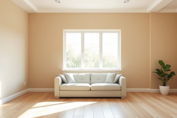 Freshly painted warm neutral living room with a small sofa and natural light