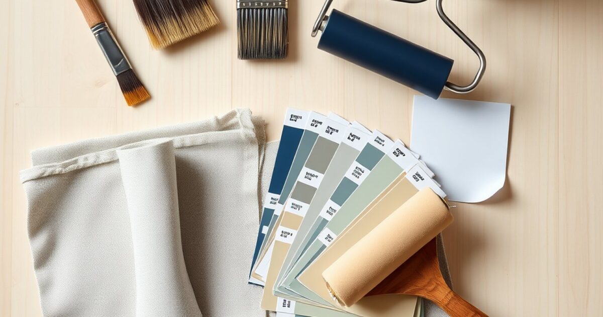 Paint brushes, roller, drop cloth, and navy color swatches arranged on a workbench