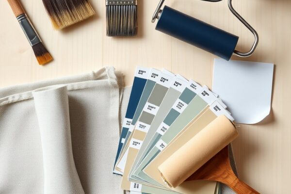 Paint brushes, roller, drop cloth, and navy color swatches arranged on a workbench