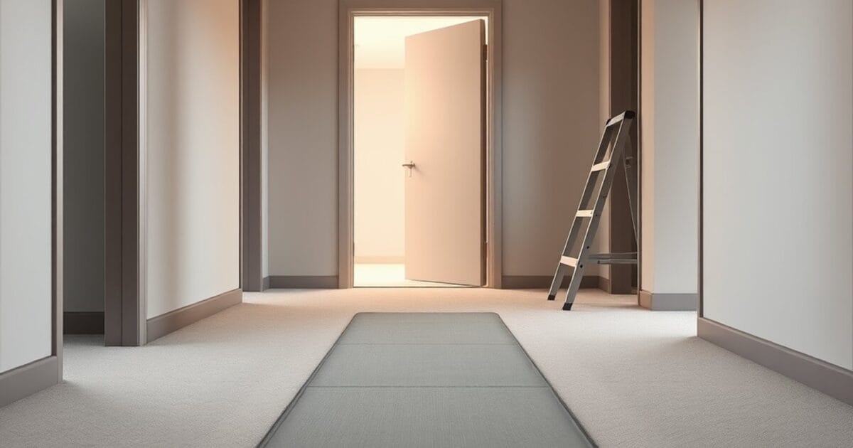 An apartment building corridor with a protective floor runner leading to an open door