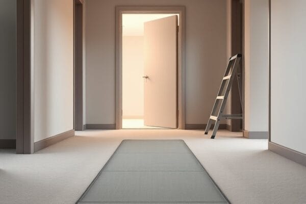 An apartment building corridor with a protective floor runner leading to an open door