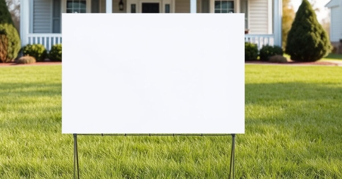 A blank white lawn sign on a wire frame standing in a green front lawn in front of a house